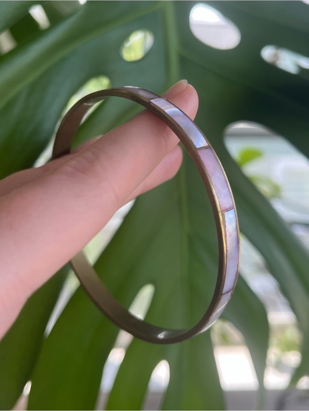 Vintage Mother of Pearl Inlay Brass Bangle Bracelet
